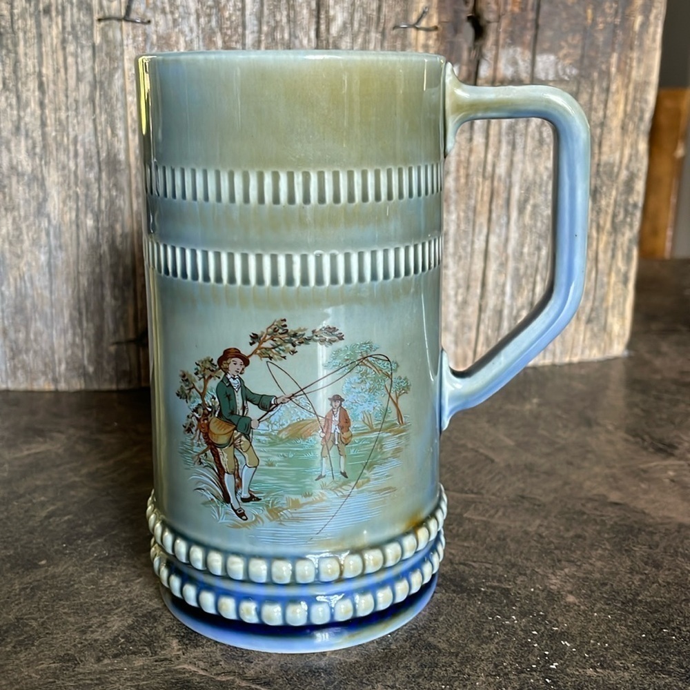 WADE | Irish Porcelain Tall Fly Fishing Scene Beer Stein Mug | Made in Ireland